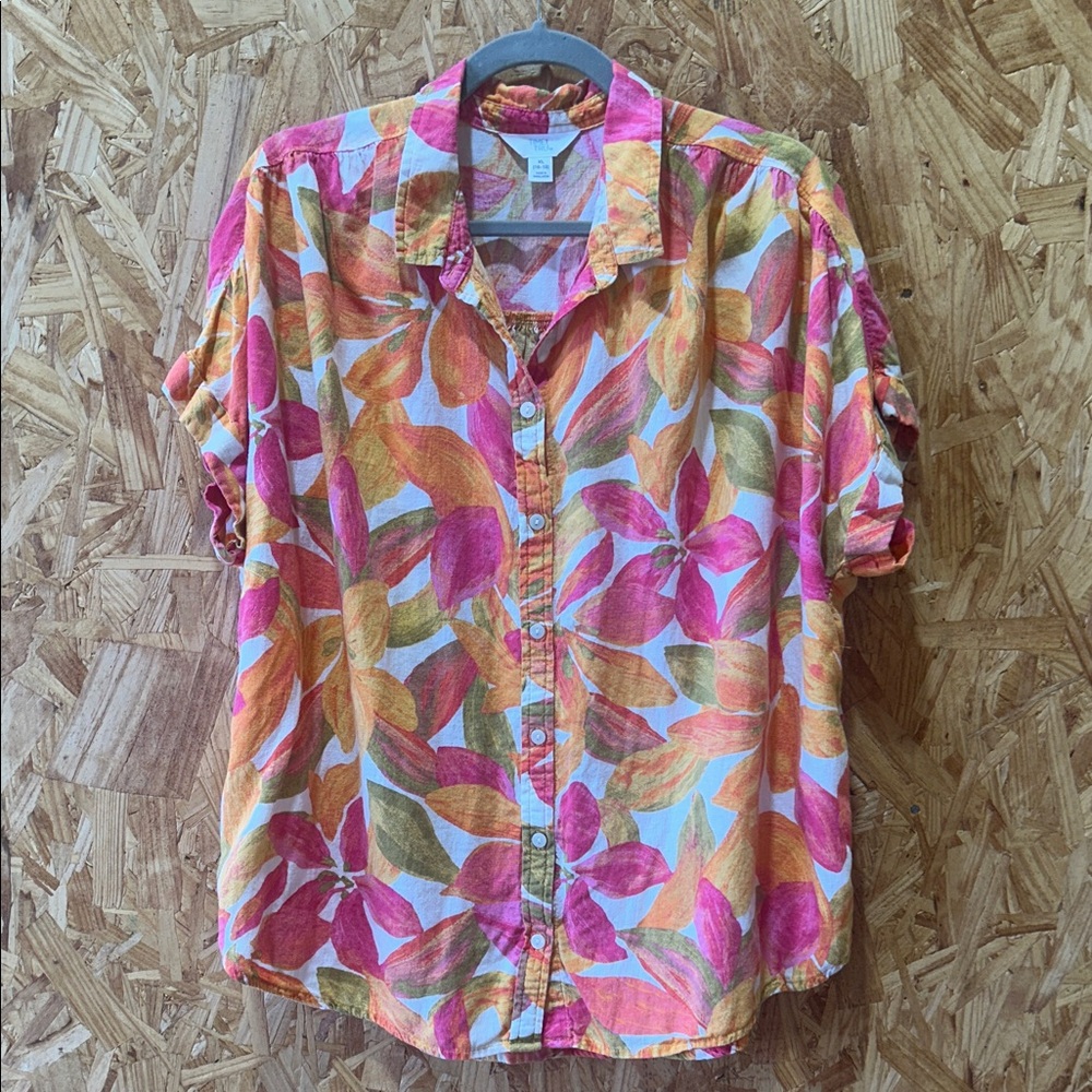 Linen Blend Pink and Orange Tropical Floral Hawaiian Shirt, XL
